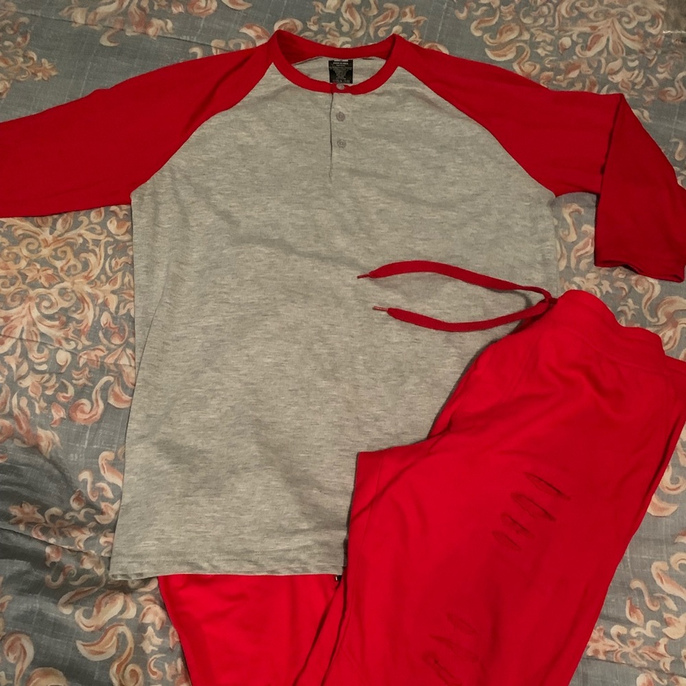 Red shirt and sweat pants
